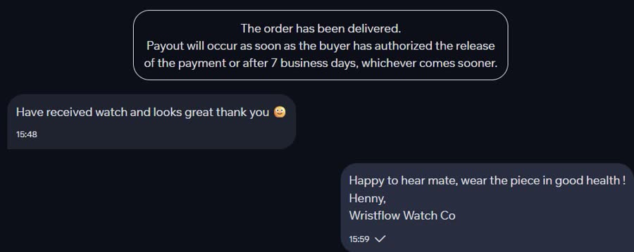 Chrono24 chat: buyer confirms delivery — Have received watch and looks great thank you